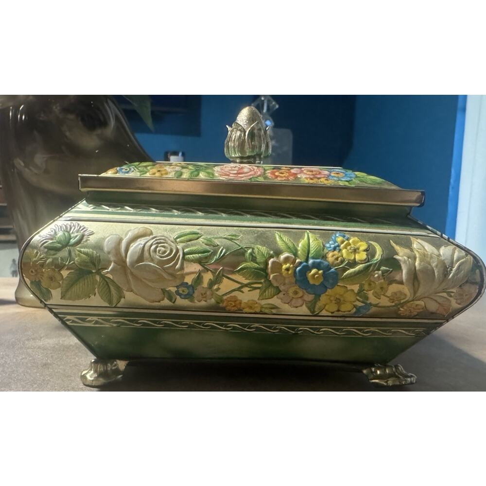 Vintage Blue Bird Confectionery Footed Tin English Floral | Dark Cottage Vanity - Picture 9 of 10